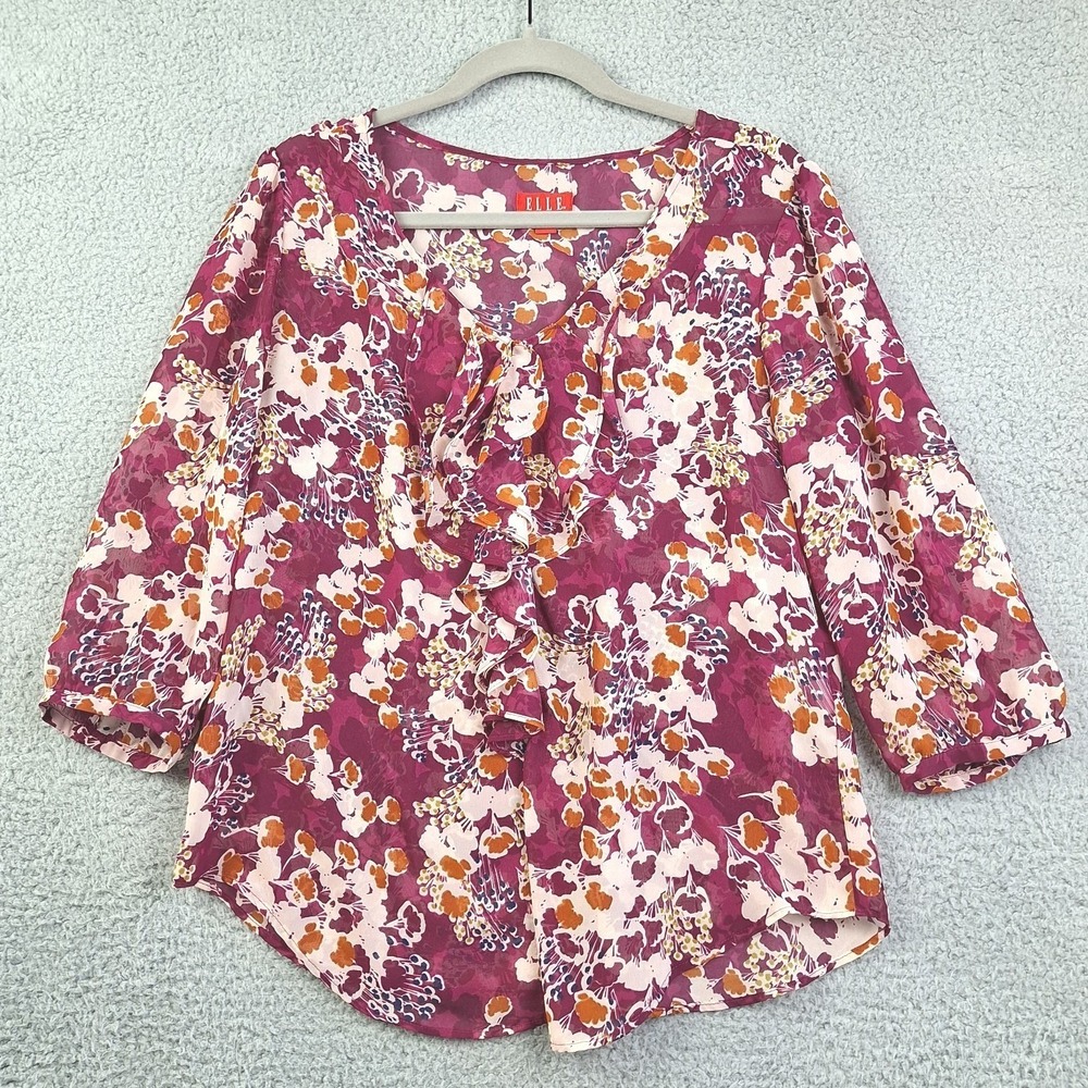 Elleā Top Womens Large Sheer Floral Ruffle V-Neck Whimsigoth Feminine Fairy
